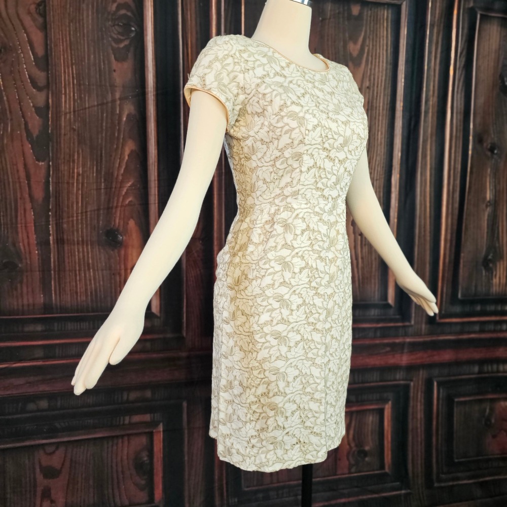 Vintage 1960's 50's John Rogers Floral Embroidered Eyelet Sheath Dress Cream Tan